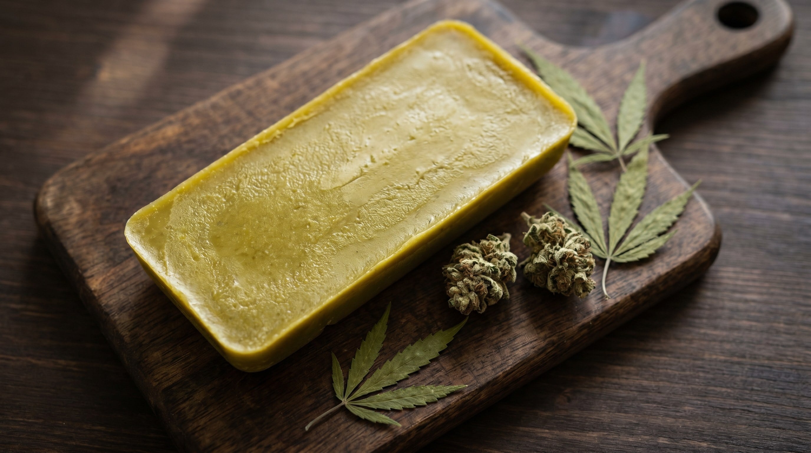 Plaque de beurre de marijuana solidifié, avec sa couleur jaune-verdâtre caractéristique sur une planche en bois, accompagnée de têtes de cannabis et de feuilles de chanvre