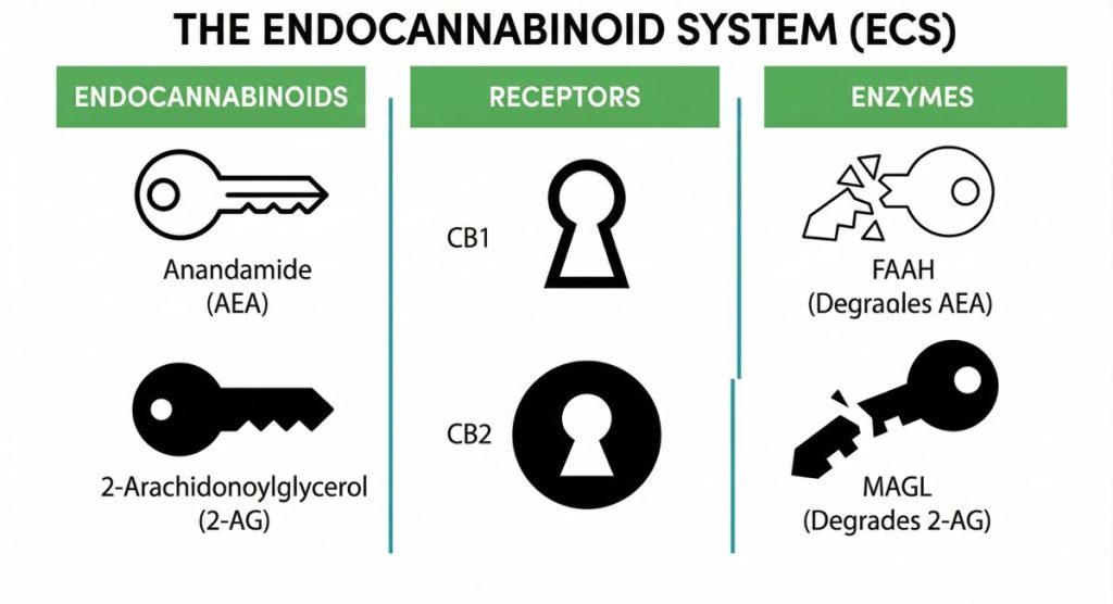 Infografía del sistema endocannabinoide con anandamida y 2-AG, receptores CB1 y CB2, y enzimas FAAH y MAGL que degradan estos compuestos.
