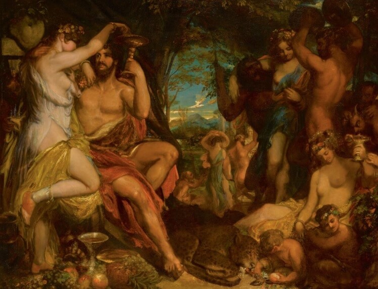 A Bacchanalian Revel de William Etty captura una celebración antigua donde el vino y otras drogas eran centrales en la comunión social y ritual. Esta obra refleja la larga historia del uso de sustancias para alterar la mente y fomentar la interacción social y el éxtasis comunitario.