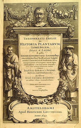 Historia de las Plantas de Teofrasto, uno de los primeros textos sobre farmacología. En su tratado, no se observa ninguna diferencia lingüística que distinga droga de medicamento. 
