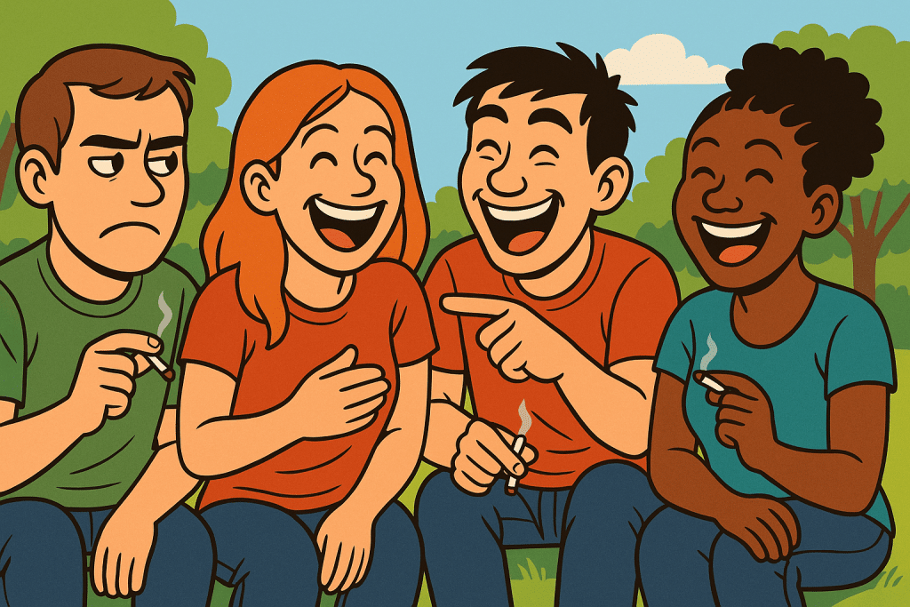 Vier vrienden kletsen in een park terwijl ze roken; illustratie over cannabis, empathie en sociale cognitie.