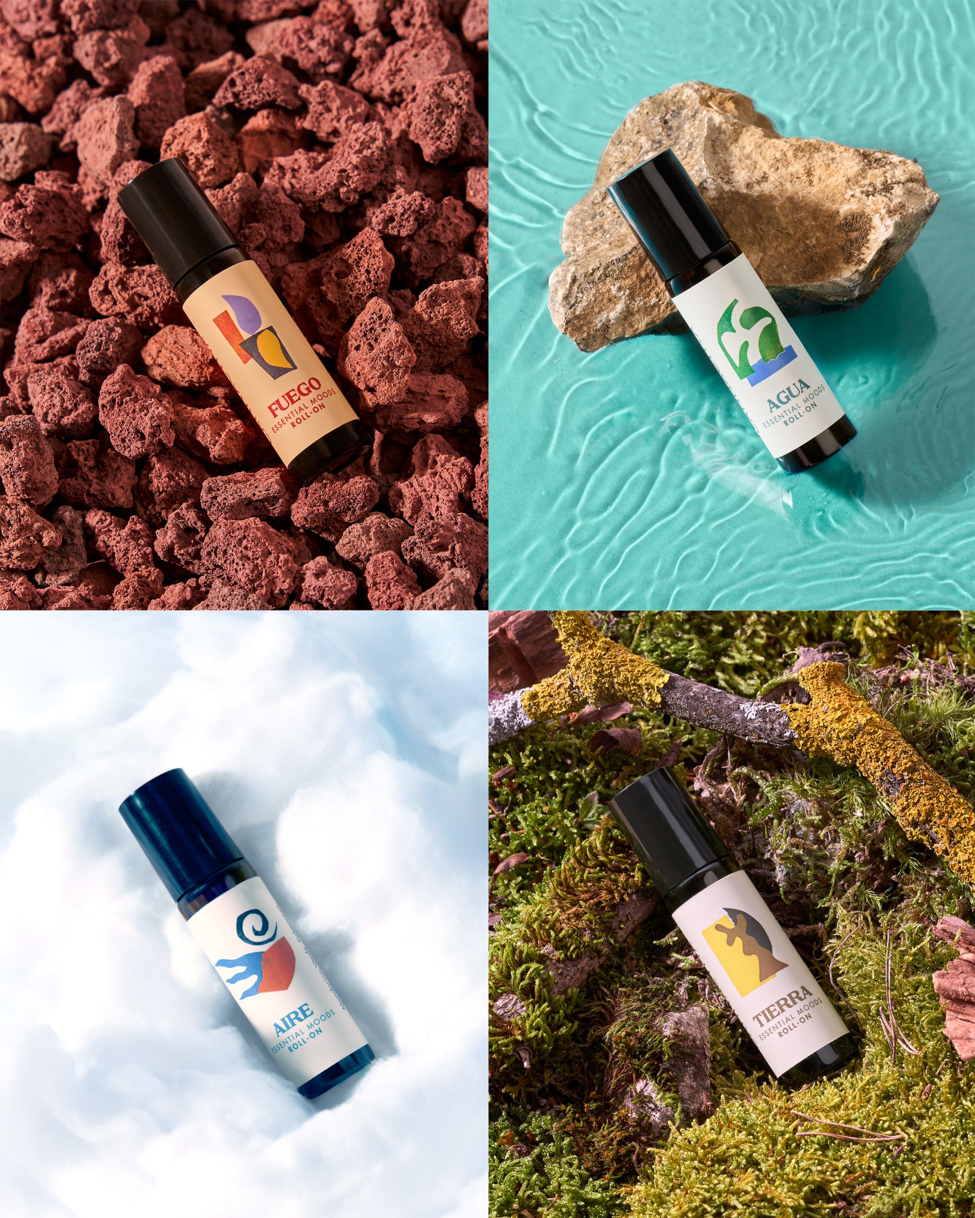 Los cuatro roll-ons de aromaterapia Botanic Moods Cannactiva: agua, tierra, aire y fuego, edición invierno 2025
