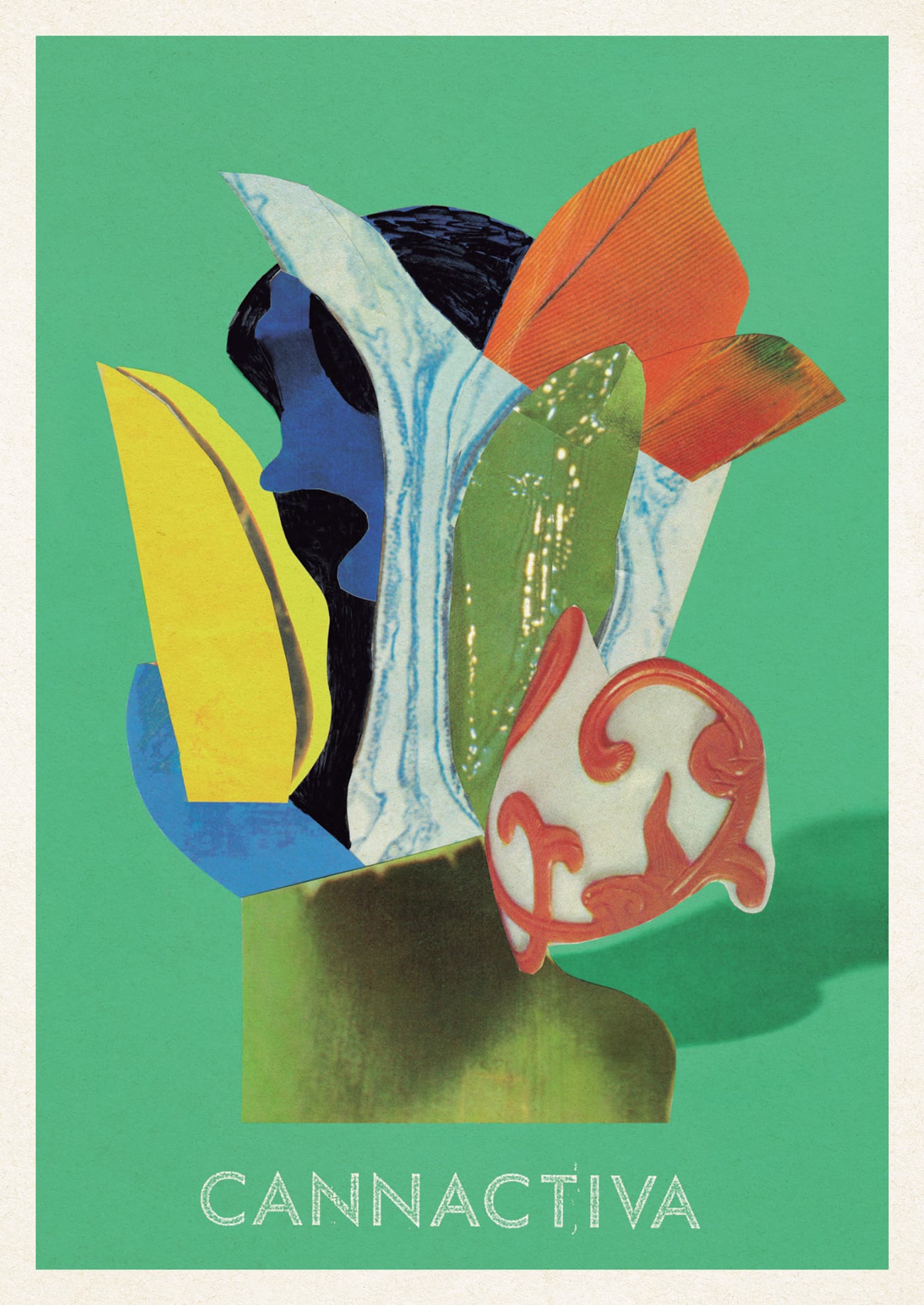Postal de Invierno de Cannactiva 2025, ilustrada por Alicia Carrera, con composición collage en tonos verde jade