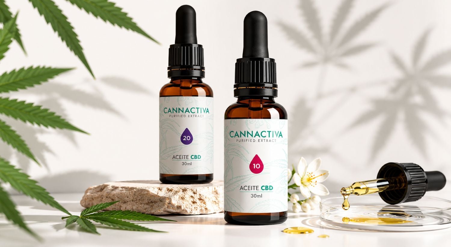 Aceites CBD Cannactiva Full Spectrum 10% y 20% decorados con cáñamo
