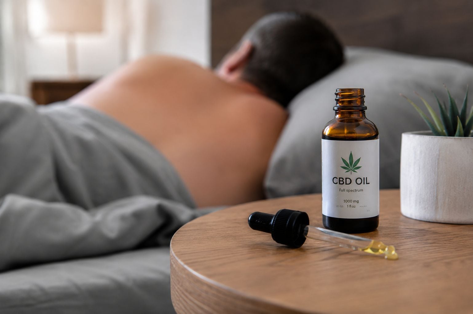 Homme endormi dans son lit avec une huile de CBD sur la table de chevet