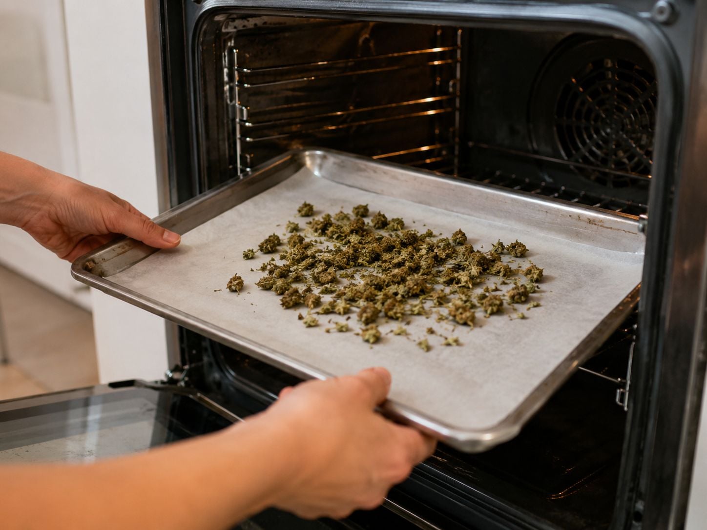 Têtes de marijuana étalées sur une plaque garnie de papier sulfurisé, prêtes à être décarboxylées au four à 110-115 °C