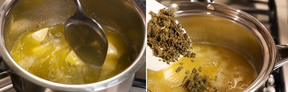 Casserole de beurre fondu et de têtes de marijuana en infusion au bain-marie à 70-85 °C dans la cuisine
