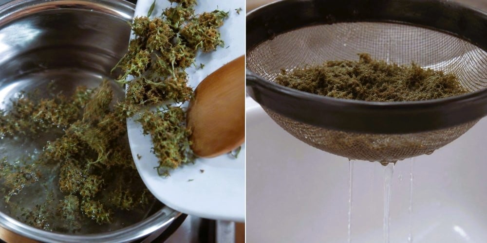 Têtes de marijuana hachées immergées dans de l'eau très chaude pour éliminer la chlorophylle et réduire la saveur herbacée du beurre de cannabis