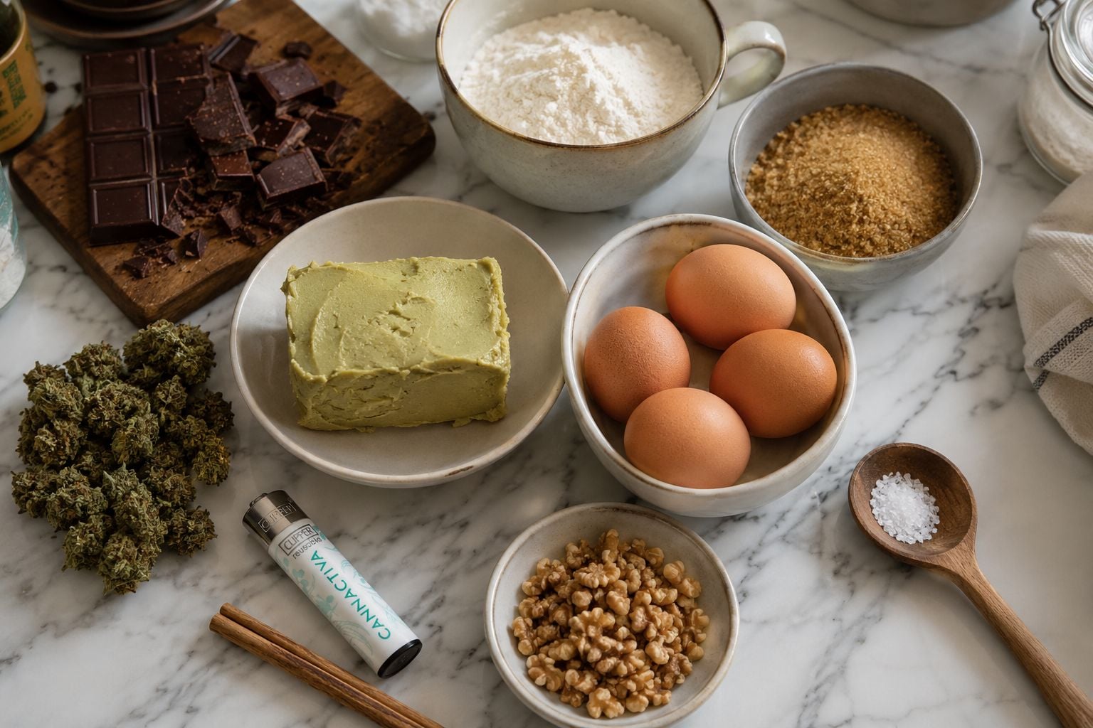 Ingrédients du brownie au cannabis sur un plan de travail en marbre : beurre de cannabis, chocolat noir 70 %, œufs, farine, sucre roux, noix, cannelle et têtes de cannabis
