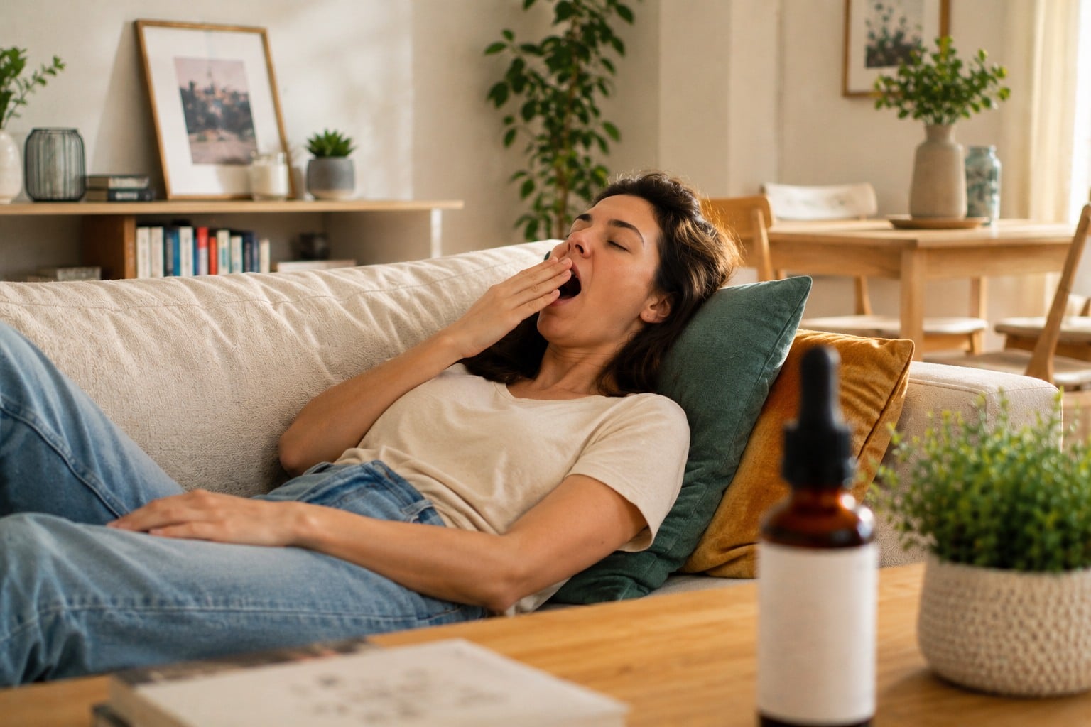 Femme détendue qui bâille sur le canapé à côté d'un flacon d'huile de CBD, illustrant la somnolence comme possible effet secondaire du CBD