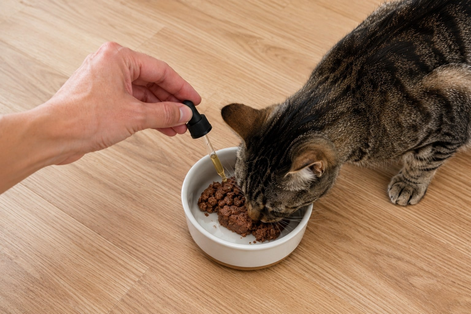 Person using a dropper to add a few drops of CBD oil onto a tabby cat’s food