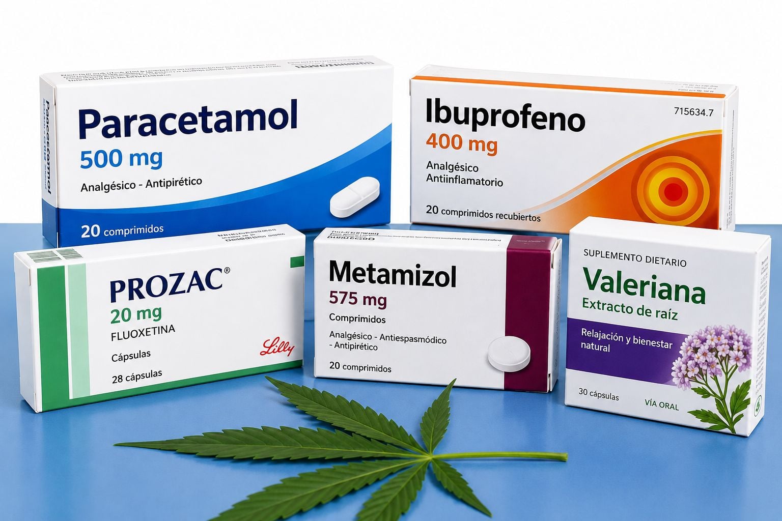 Boîtes de médicaments (paracétamol, ibuprofène, fluoxétine, métamizole) à côté d'une feuille de cannabis.
