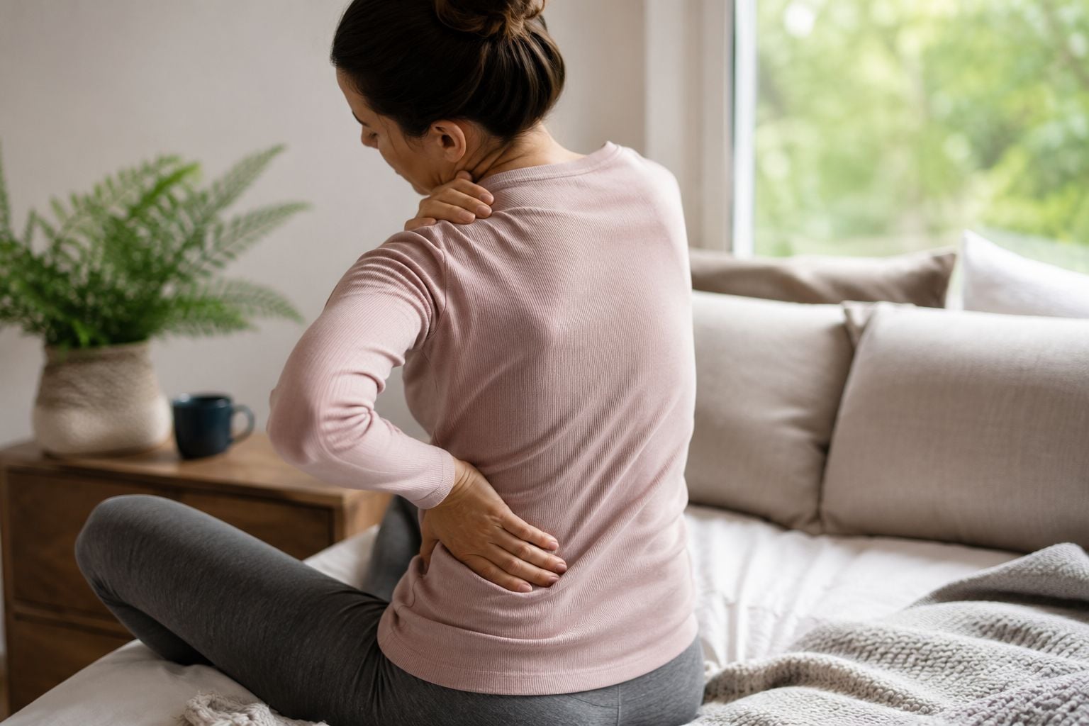 Vrouw met chronische rugpijn die natuurlijke verlichting zoekt met CBD