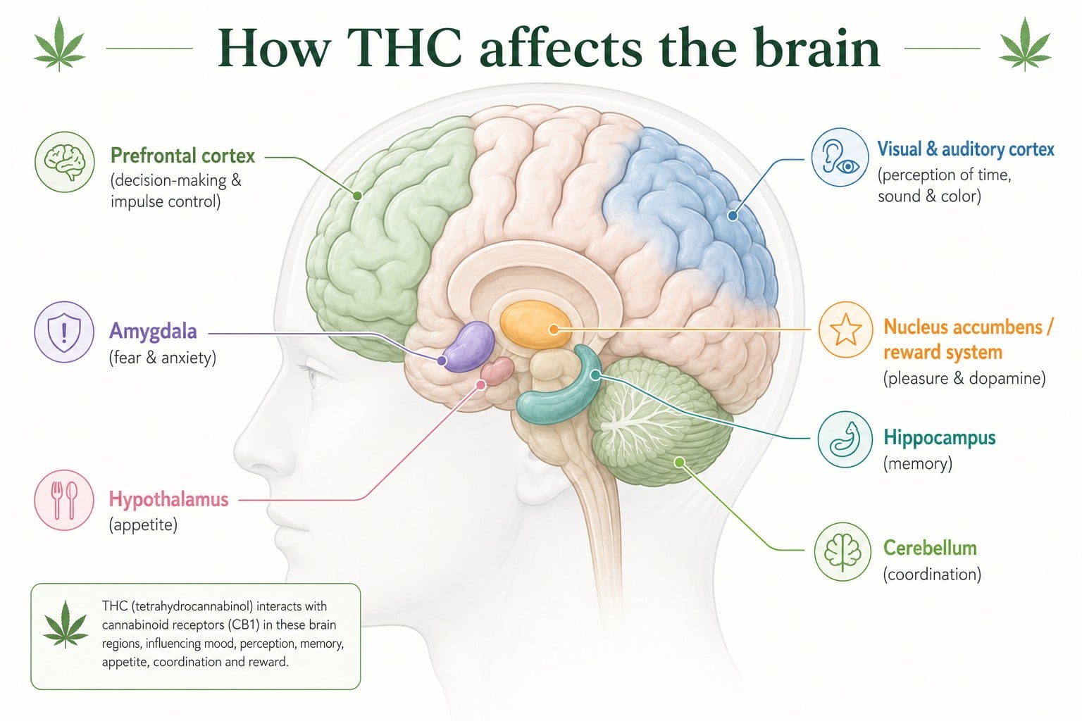 Infographic van de hersenen met de gebieden die door THC worden beïnvloed: prefrontale cortex, amygdala, hippocampus, beloningssysteem, cerebellum, visuele en auditieve cortex en hypothalamus.