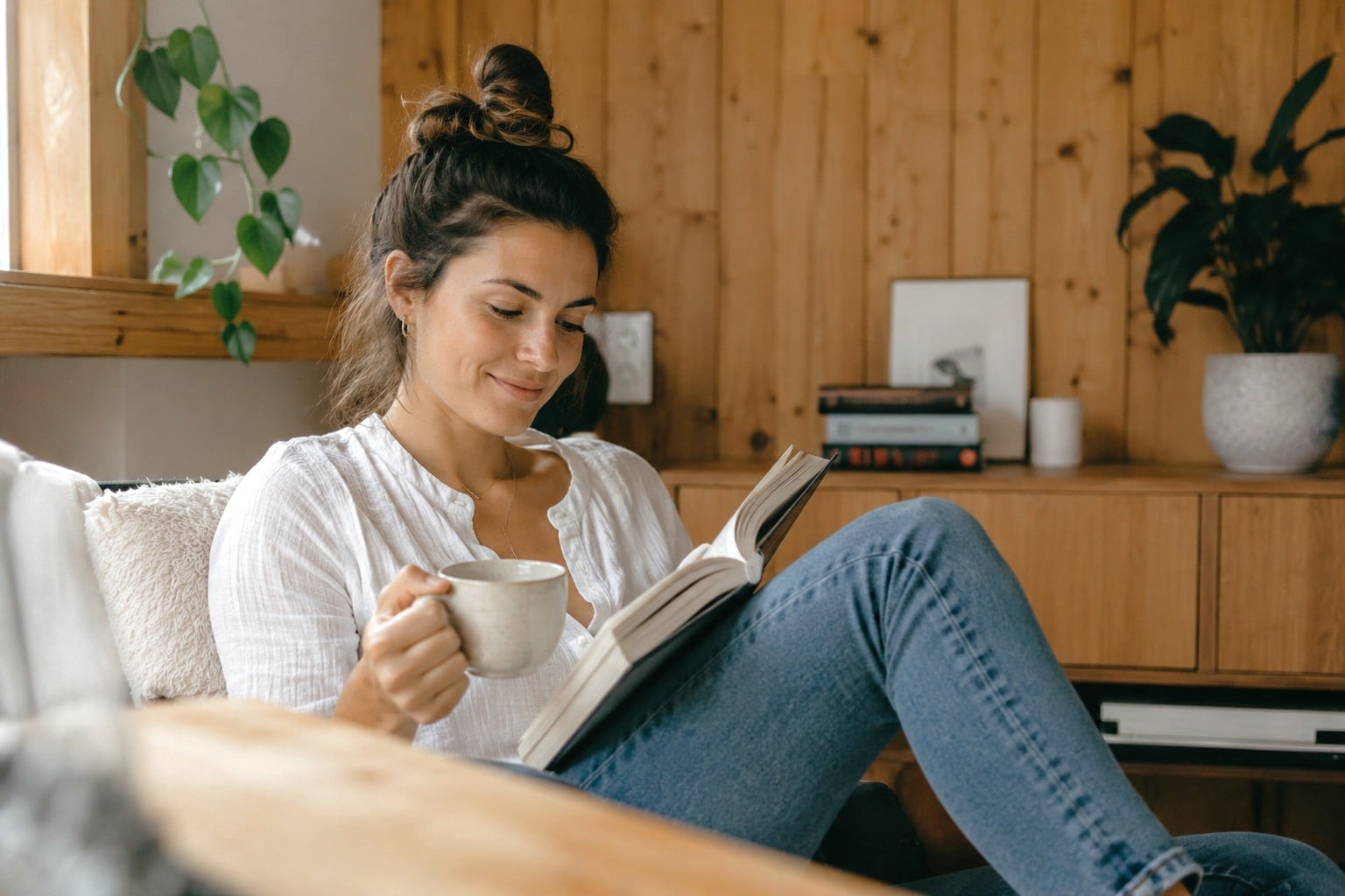 Ontspannen vrouw die op de bank leest, het gevoel van kalmte dat met CBD wordt geassocieerd