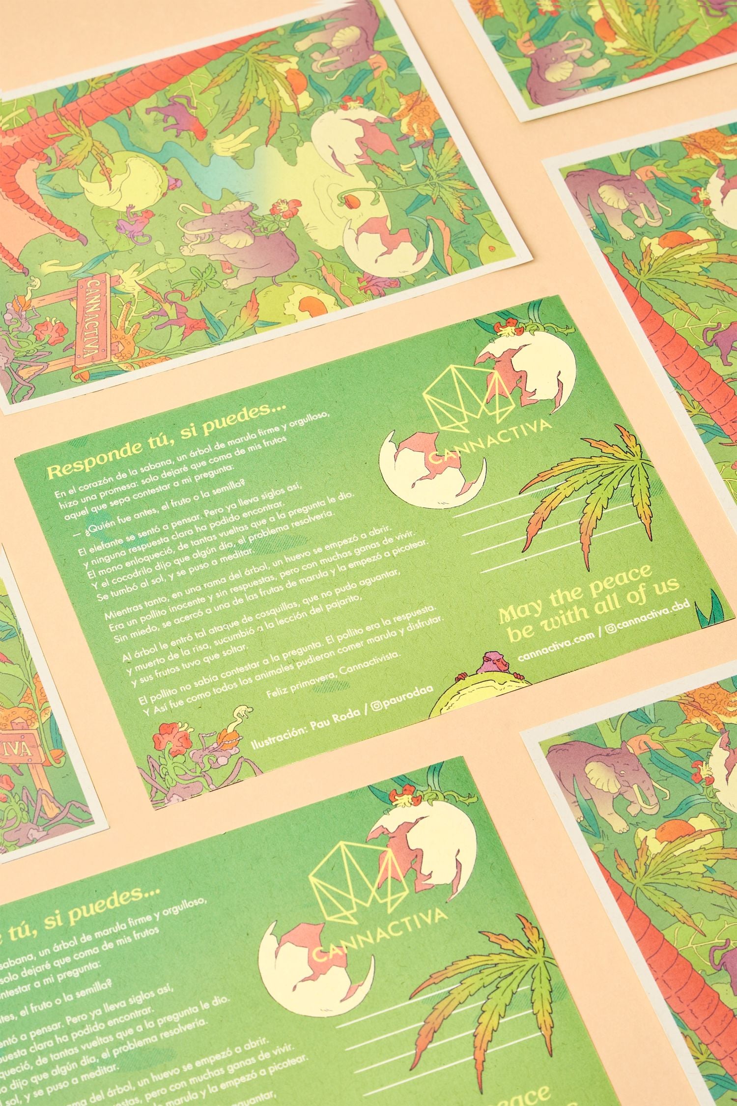 Reverso de la postal de Primavera 2026 de Cannactiva con el poema del árbol de marula, ilustrada por Pau Roda